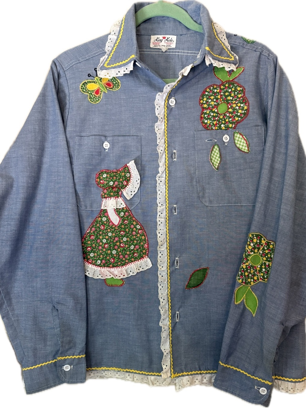 Vintage Blue Button Down Shirt with Floral Appliqué -
